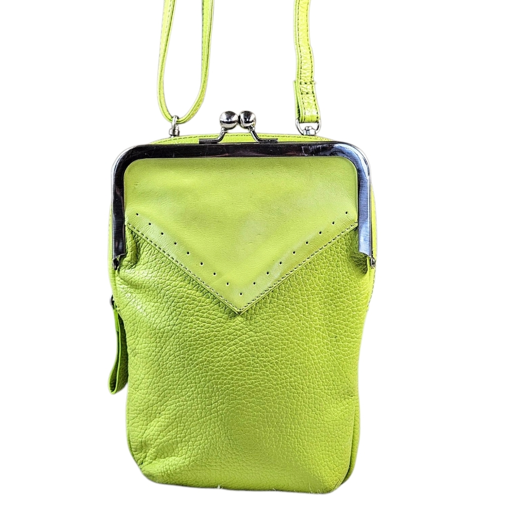 Coldwater Creek Lime Green Pebbled Leather Kisslock Crossbody Wallet Bag